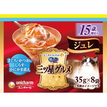 은수저 삼스타 그루메 파우치 주레 15세부터 참치·가다랑어에 실치·게 맛살 곁들임 35g 8P 유니참 펫케어