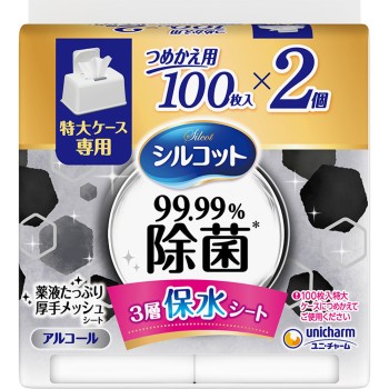대용량 실코트 99.99% 제균 웨트 티슈 알코올 타입 리필 100매×2 유니참