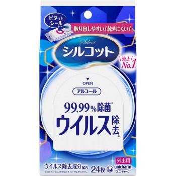 실코트 99.99% 제균 바이러스 제거 웨트 티슈 알코올 타입 외출용 24매 유니참