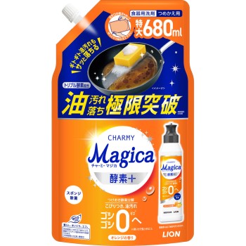 CHARMY Magica 차미 마지카 효소 플러스 식기용 세제 리필 대용량 특대 오렌지 향 주방세제 680ml 라이온