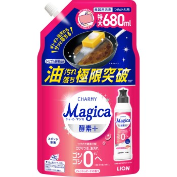 CHARMY Magica 효소 플러스 식기용 세제 리필 대용량 특대 프레시 피치 향 680ml 라이온